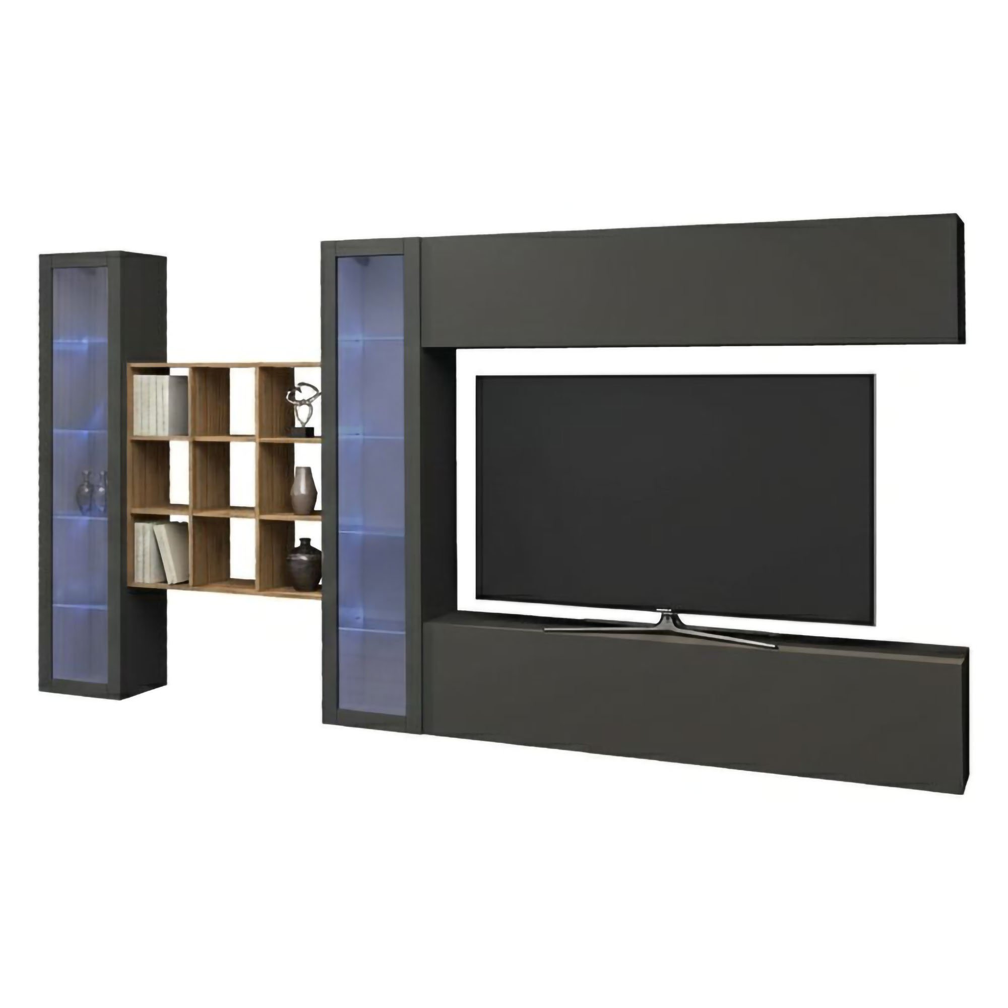 Mobile Soggiorno Avella, Parete Attrezzata 20 Ripiani Made in Italy, 350x30x180h cm Nero Antracite