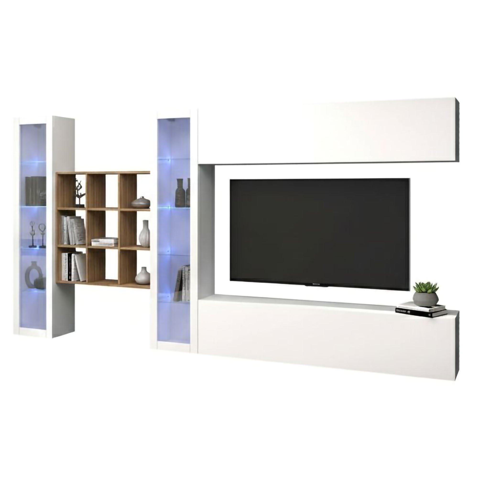 Mobile Soggiorno Avella, Parete Attrezzata 20 Ripiani Made in Italy, 350x30x180h cm Bianco Lucido