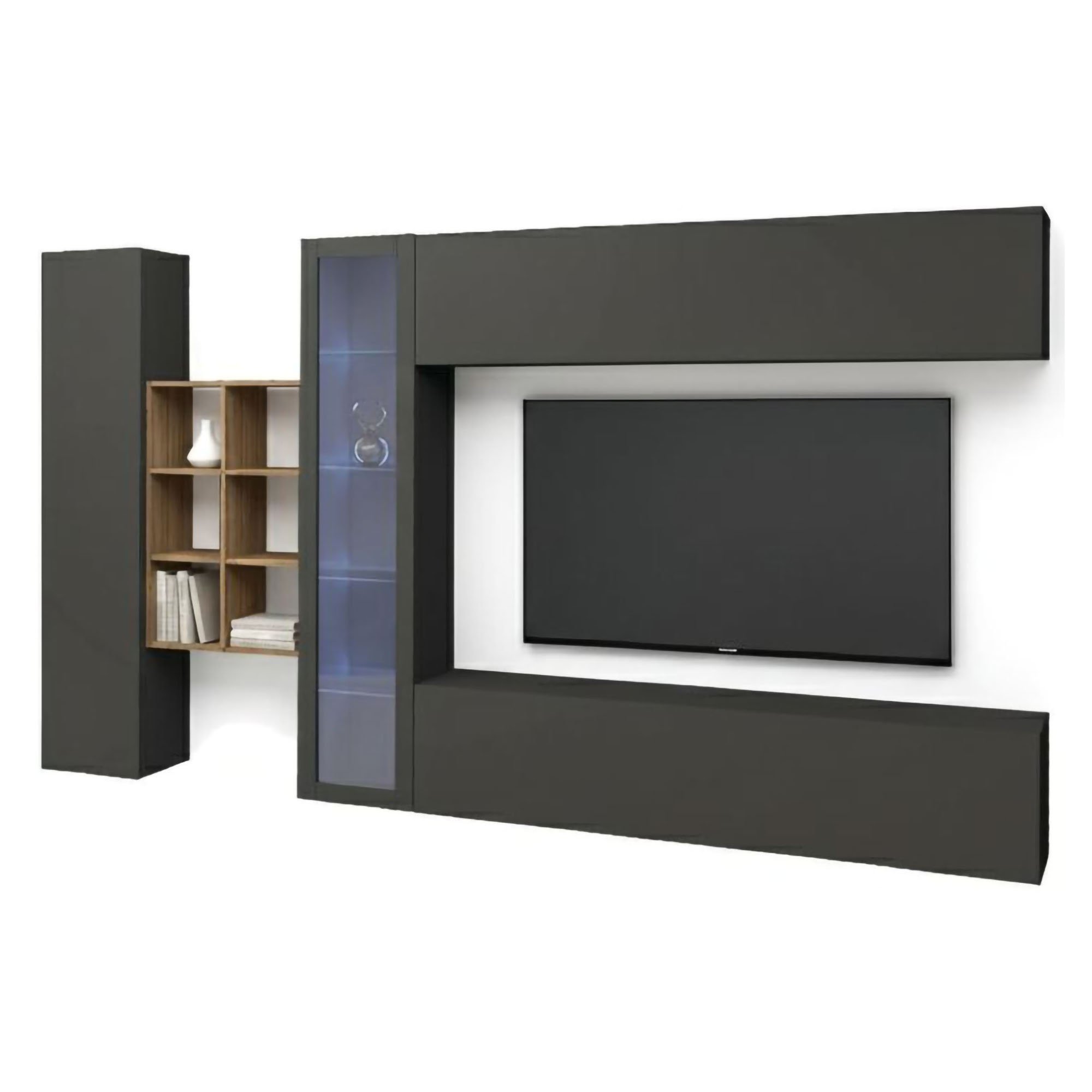 Mobile Soggiorno Alessano, Parete Attrezzata 17 Ripiani Made in Italy, 280x30x180h cm Nero Antracite