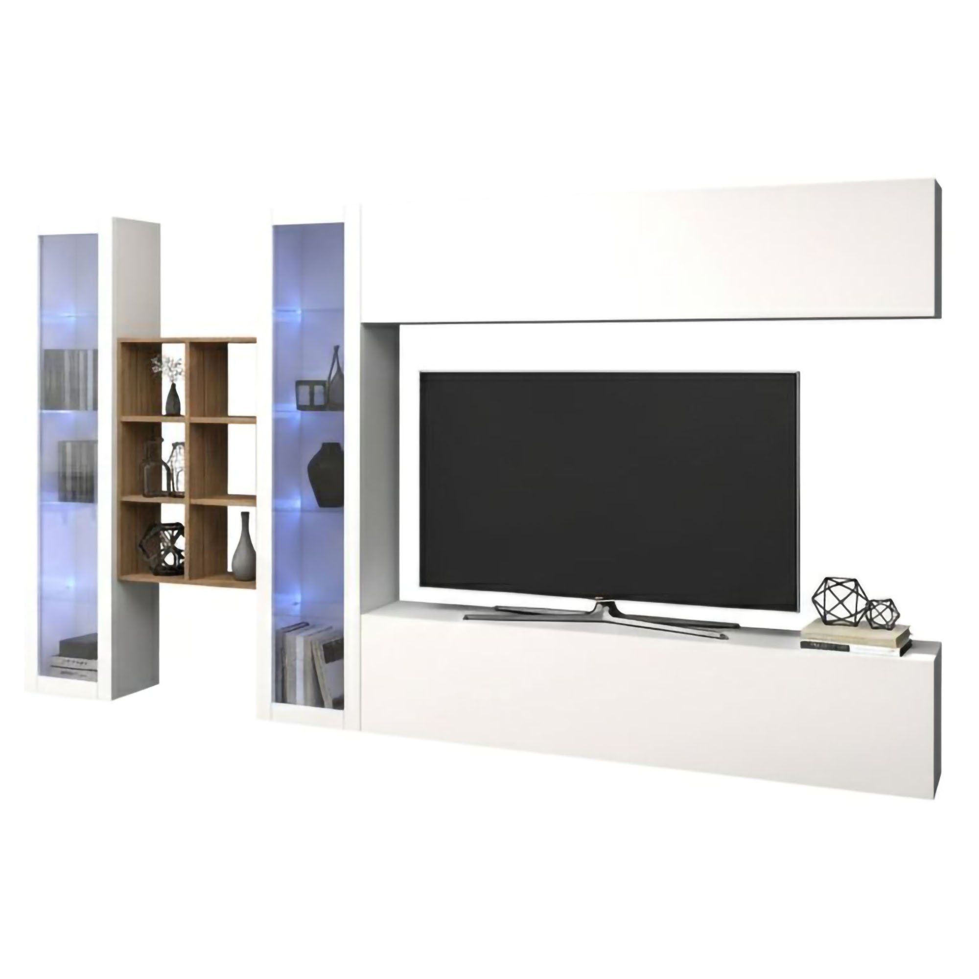 Mobile Soggiorno Alezio, Parete Attrezzata 18 Ripiani Made in Italy, 280x30x180h cm Bianco Lucido