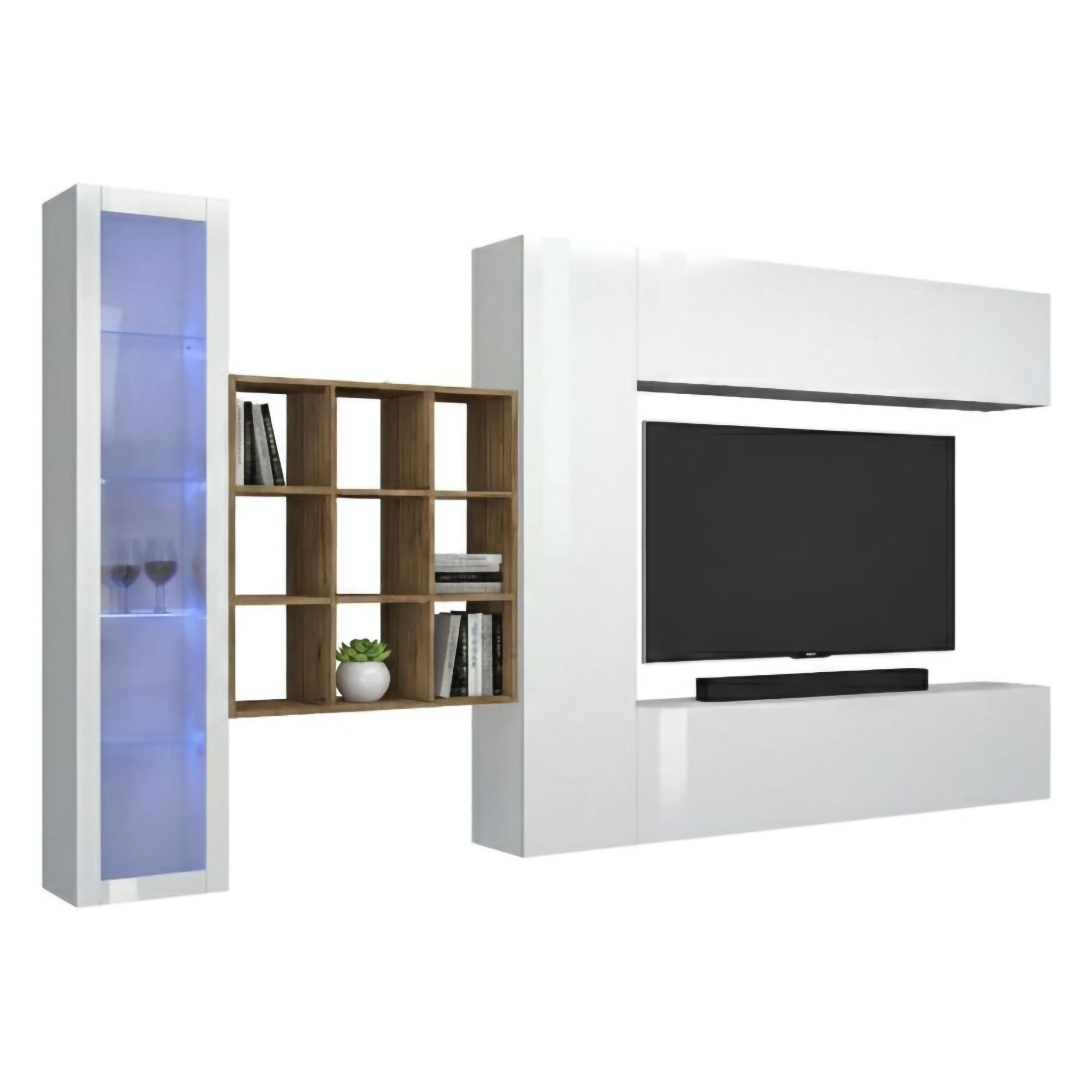 Mobile Soggiorno Avegno, Parete Attrezzata 20 Ripiani Made in Italy, 310x30x180h cm Bianco Lucido