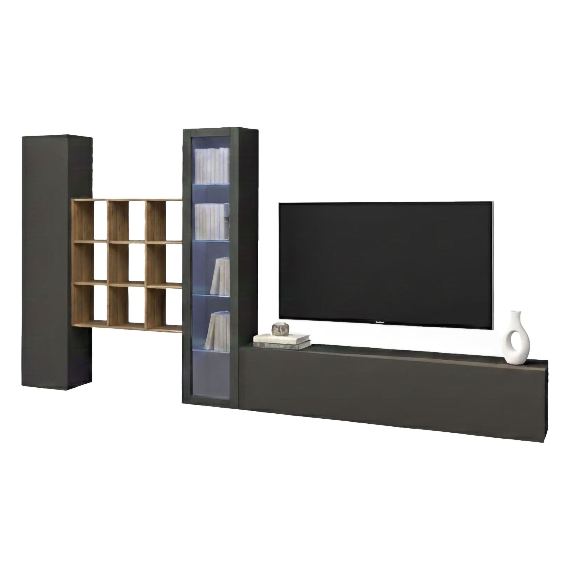 Mobile Soggiorno Arizzano, Parete Attrezzata 18 Ripiani Made in Italy, 310x30x180h cm Nero Antracite