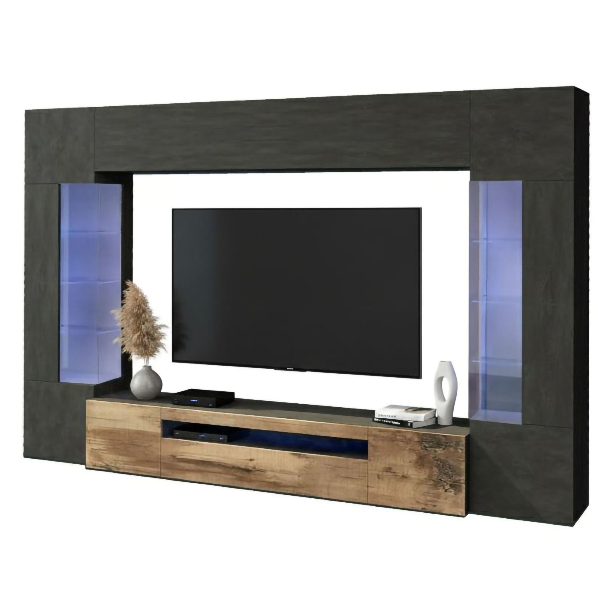 Mobile Soggiorno Arga, Parete Attrezzata 14 Ripiani Made in Italy, 290x40x191h cm Nero Antracite