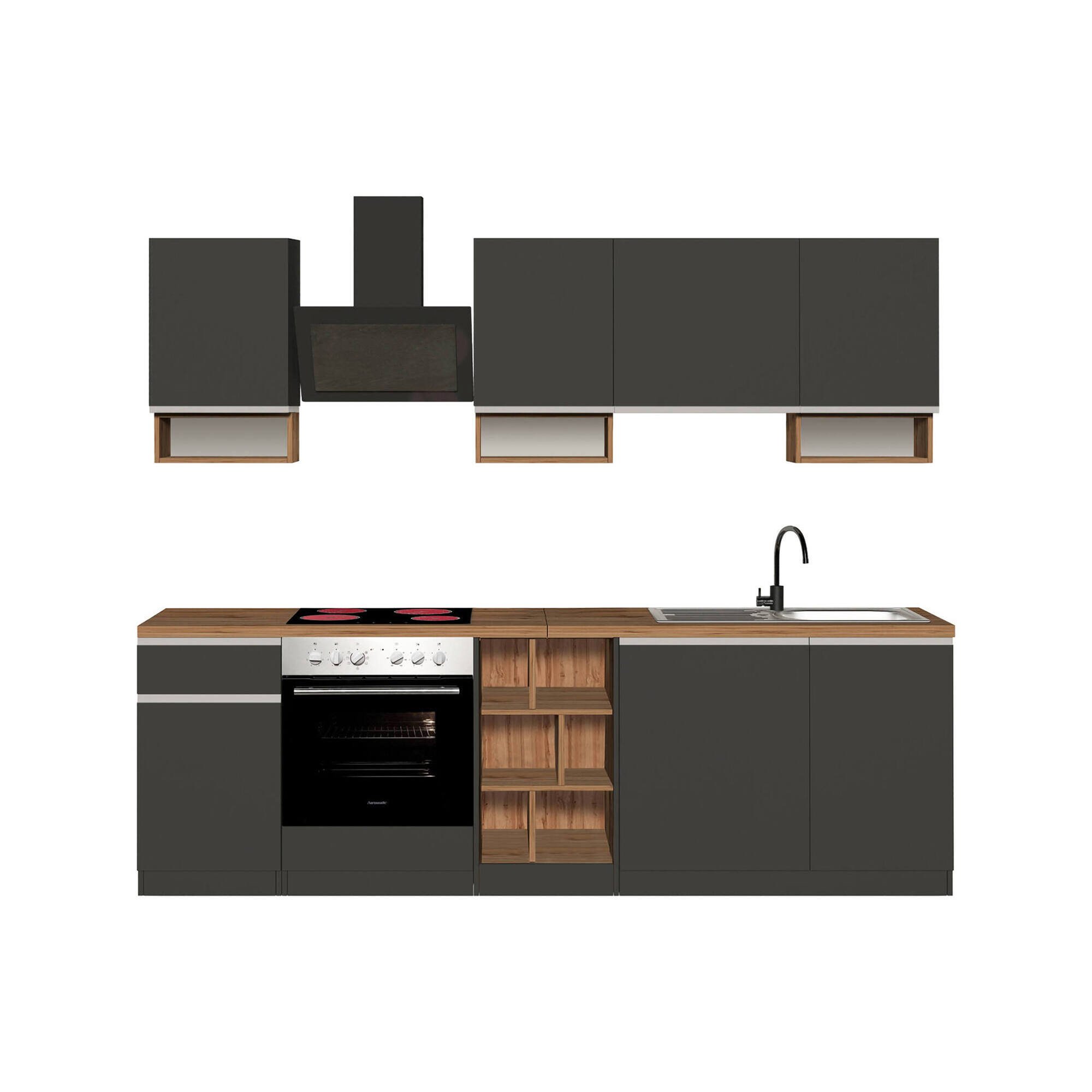 Cucina completa Attimis, Cucina pratica e salvaspazio, Parete da cucina con 7 ante e 1 cassetto, 100% Made in Italy, 255x60h85 cm, Antracite e Rovere