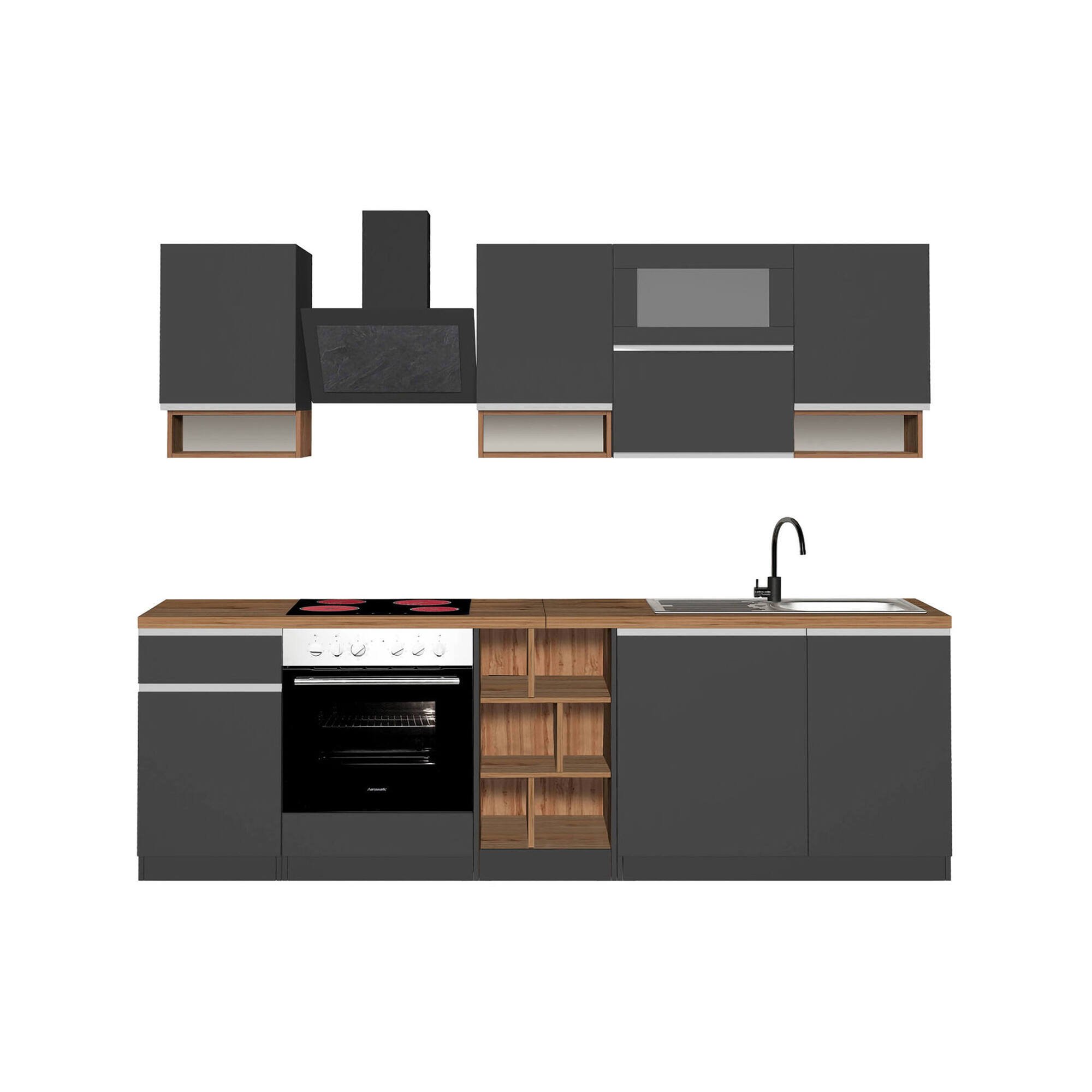 Cucina completa Attiko, Cucina pratica e salvaspazio, Parete da cucina con 8 ante e 1 cassetto, 100% Made in Italy, 255x60h85 cm, Antracite e Rovere