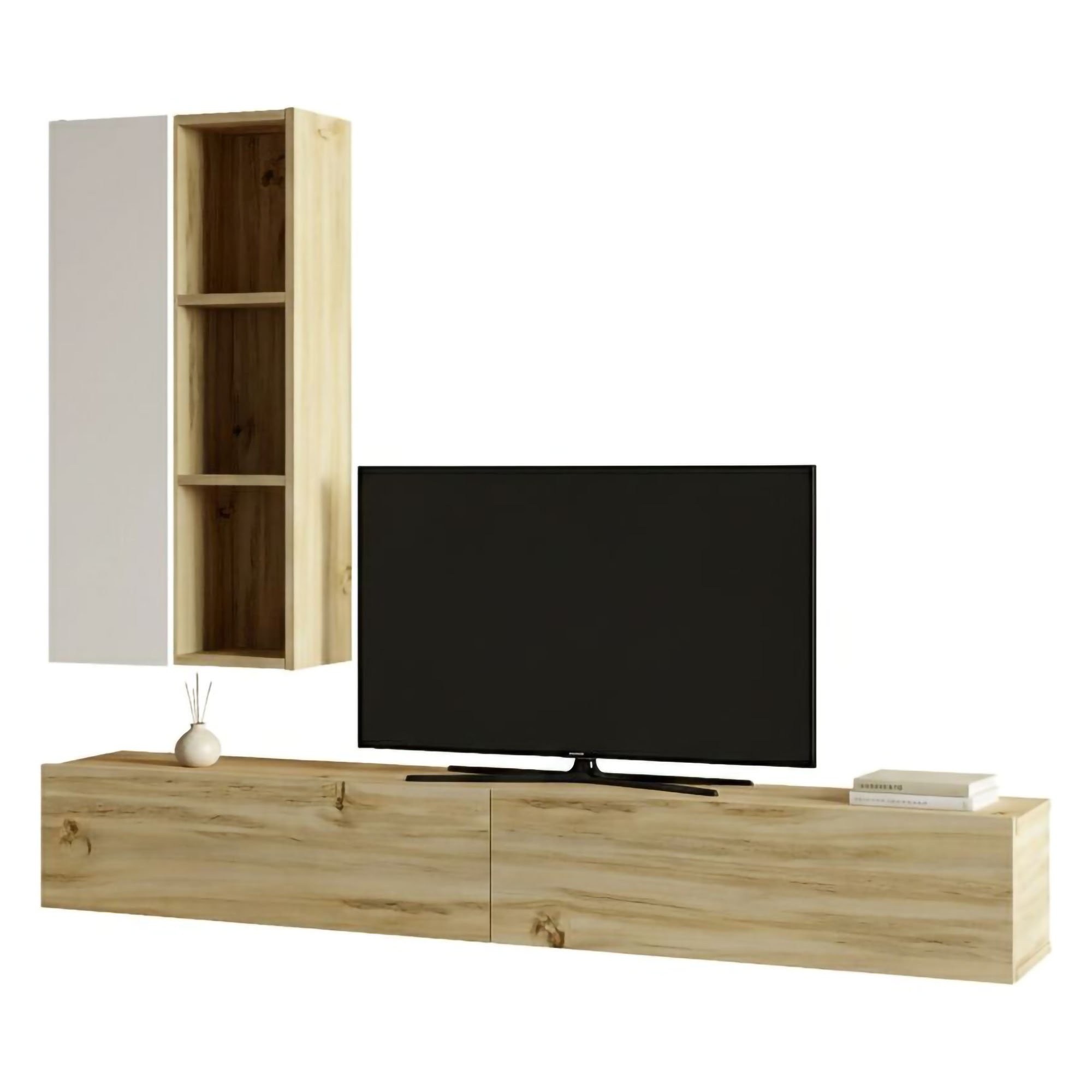 Parete attrezzata Francois, Composizione soggiorno, Mobile salotto multiuso, Armadio porta TV, 175x27 h25 cm, Quercia e Bianco