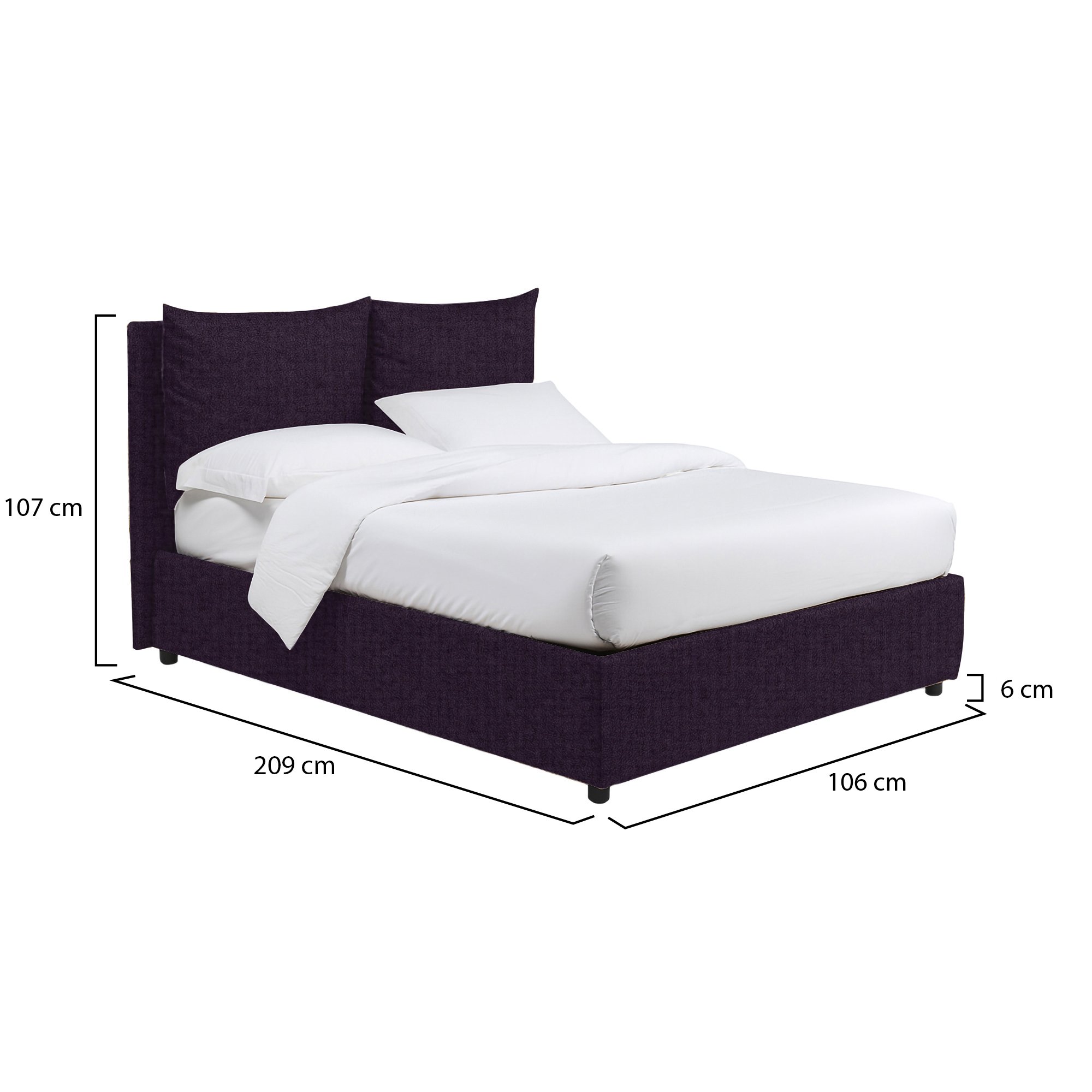 Letto singolo viola con contenitore, struttura in metallo e legno