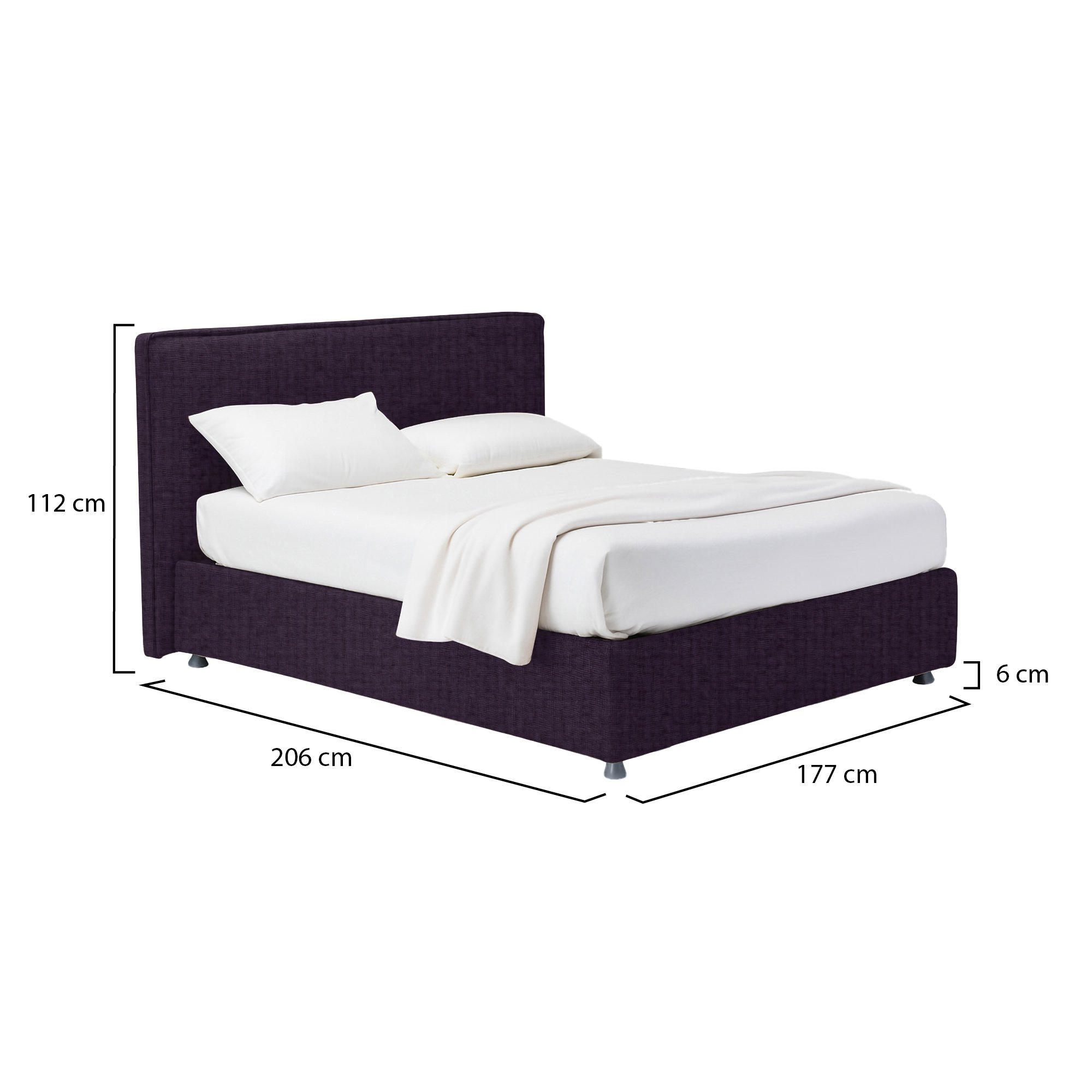 Letto matrimoniale con contenitore in tessuto viola, dimensioni 206x112x177 cm