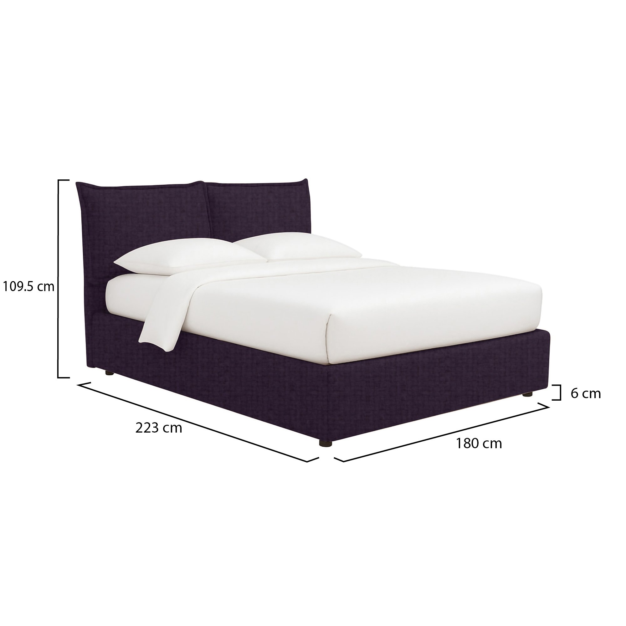 Letto matrimoniale con contenitore, rivestimento viola