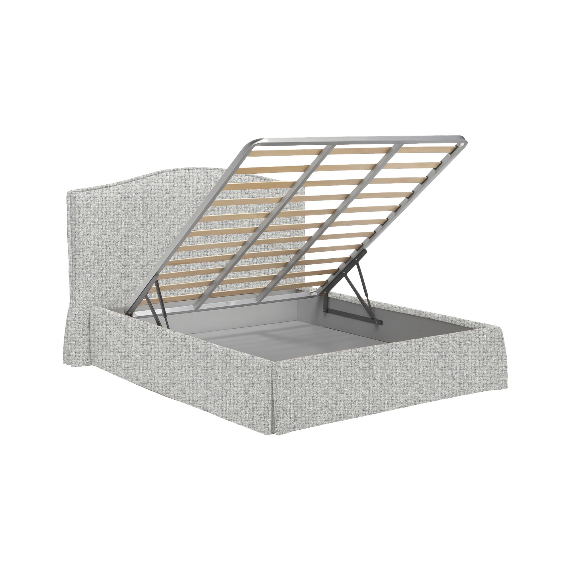 Letto piazza e mezza in tessuto grigio con contenitore