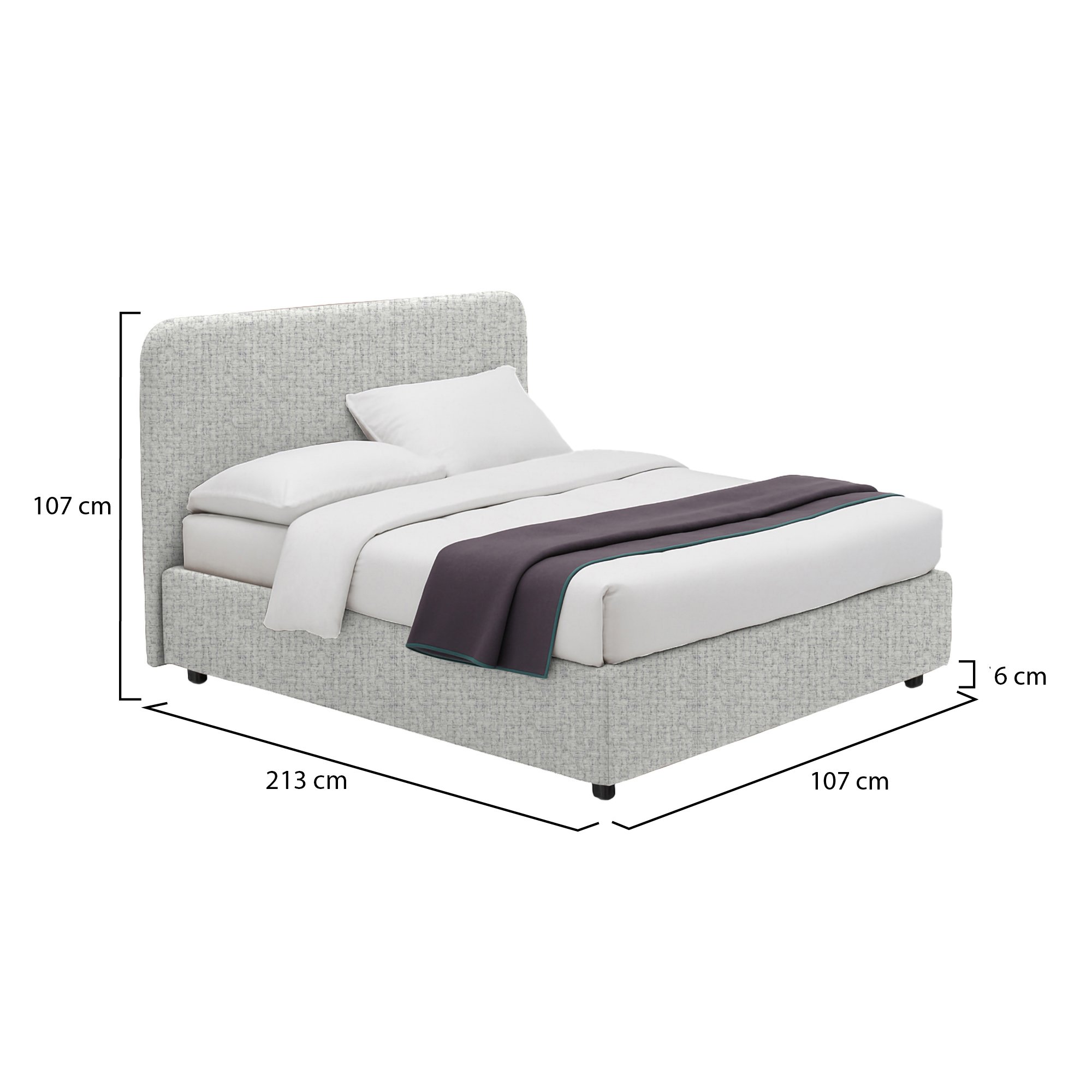 Letto singolo in tessuto grigio chiaro con contenitore