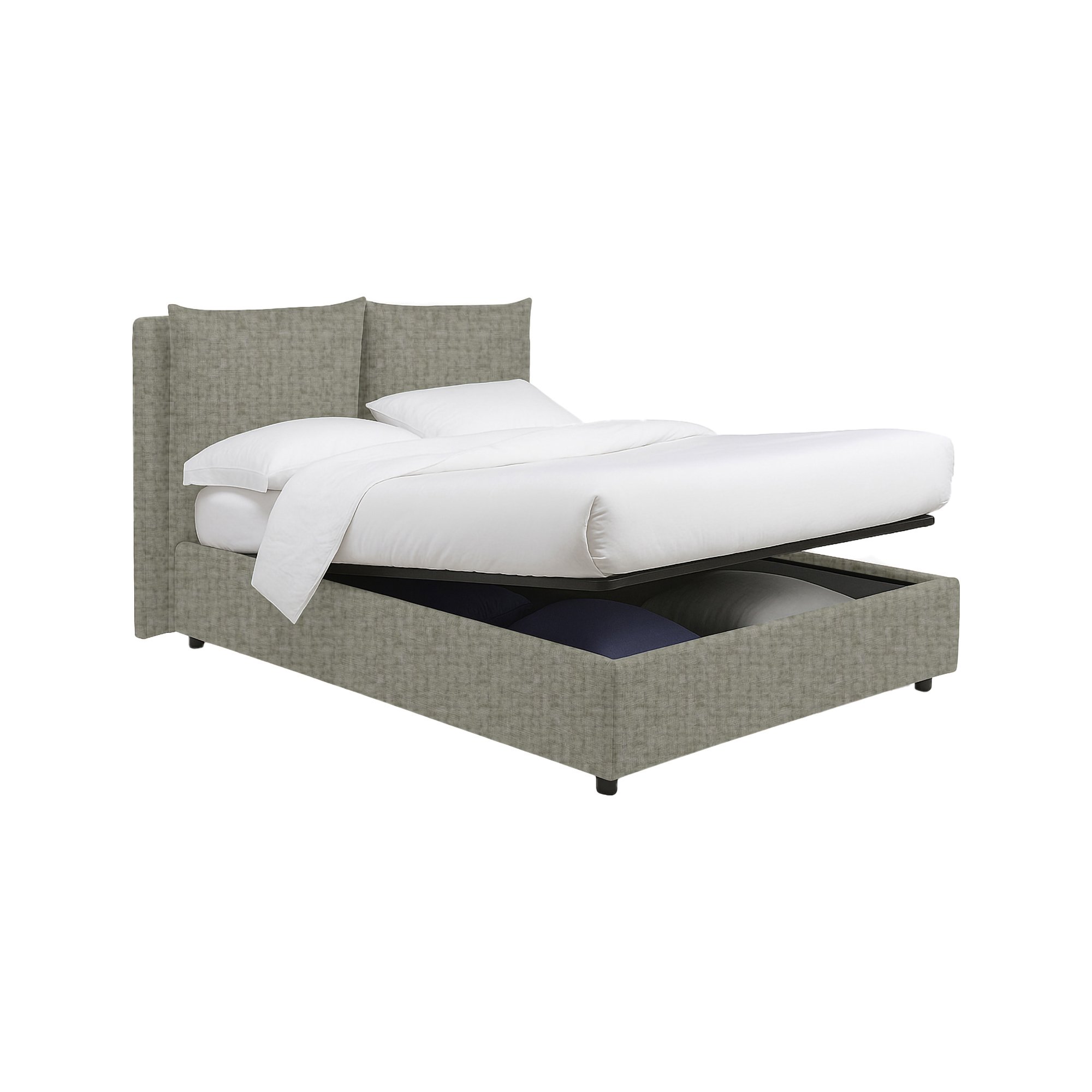 Letto piazza e mezza con struttura in metallo e rivestimento in tessuto grigio