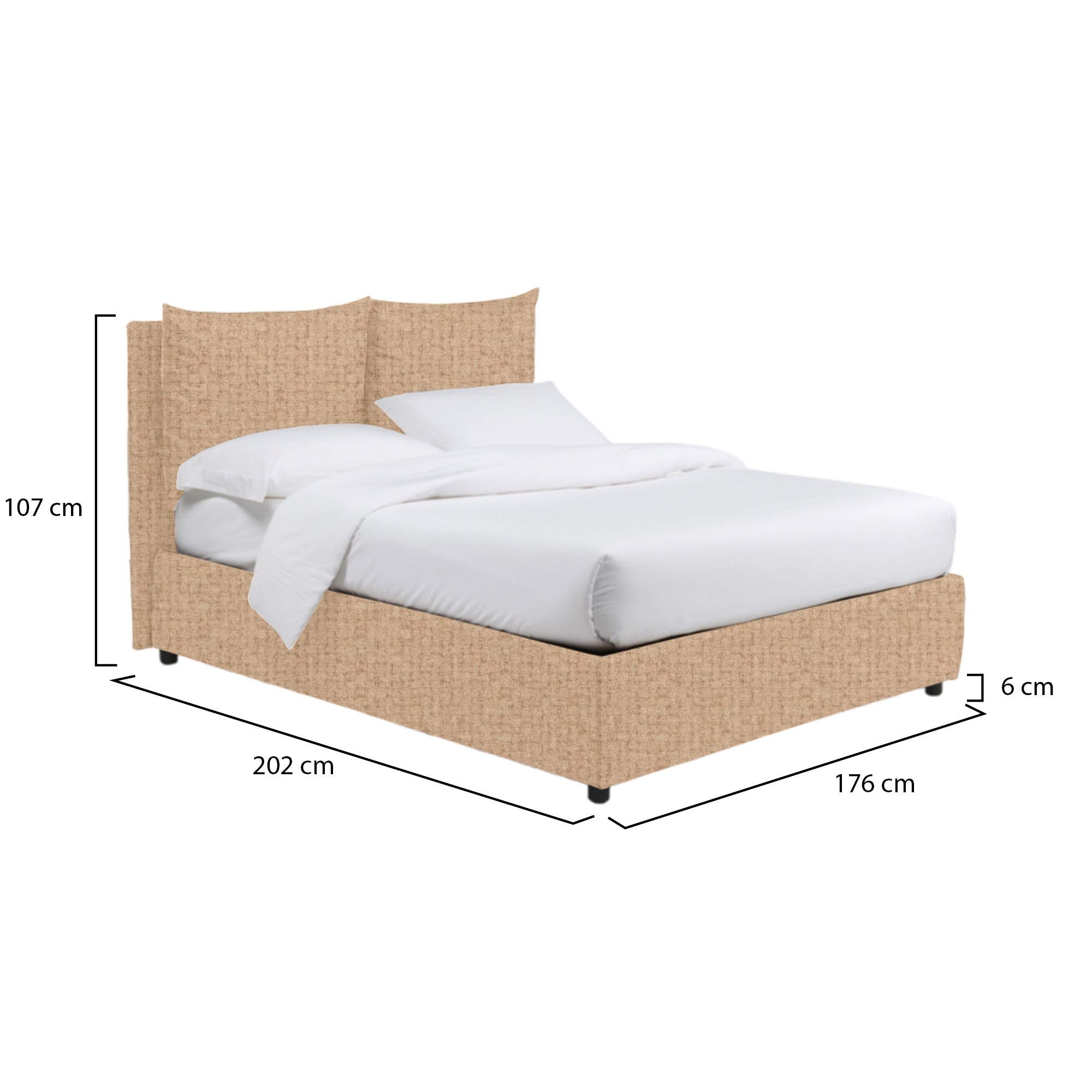 Letto matrimoniale beige con contenitore e struttura in metallo e legno