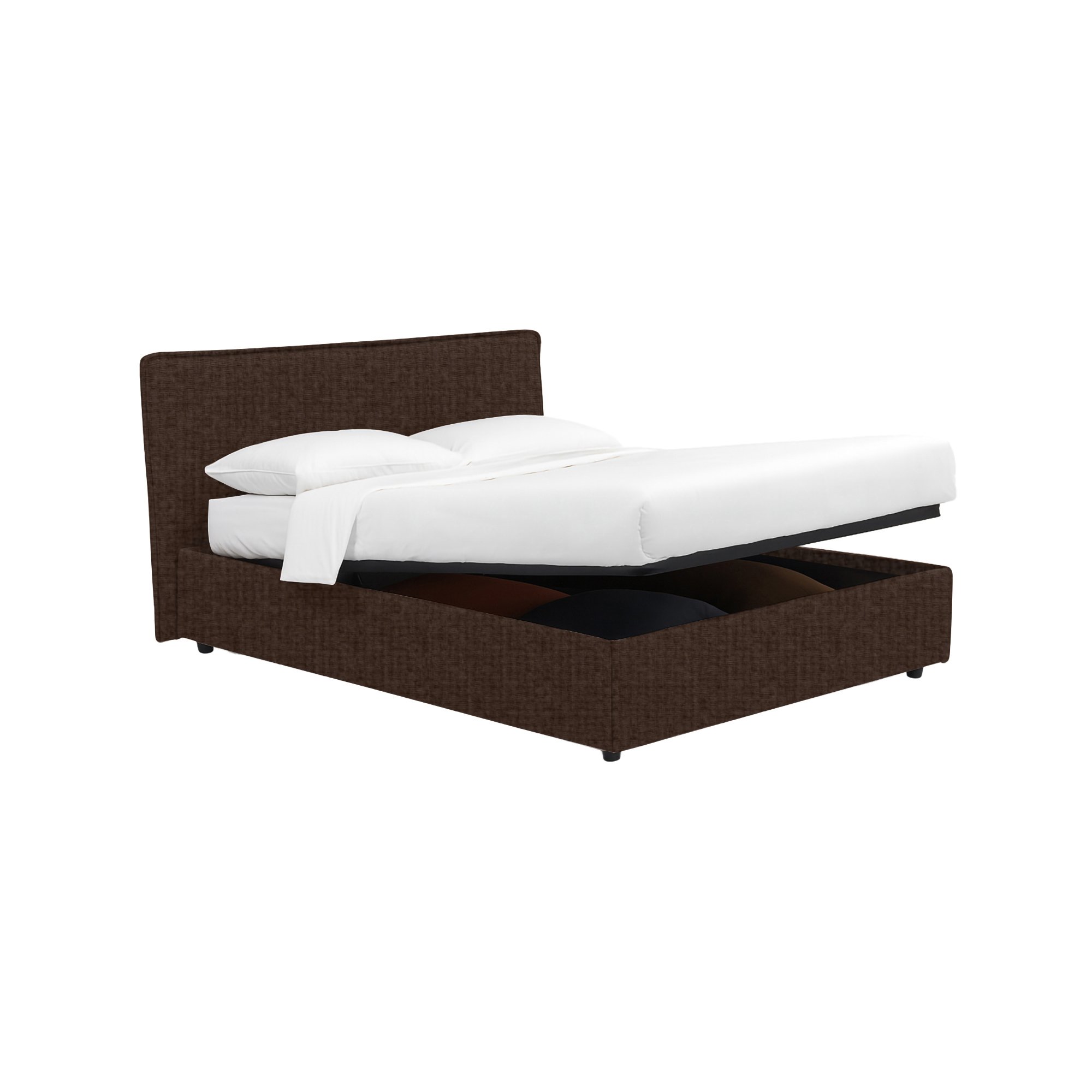 Letto matrimoniale marrone con contenitore e struttura in metallo e legno