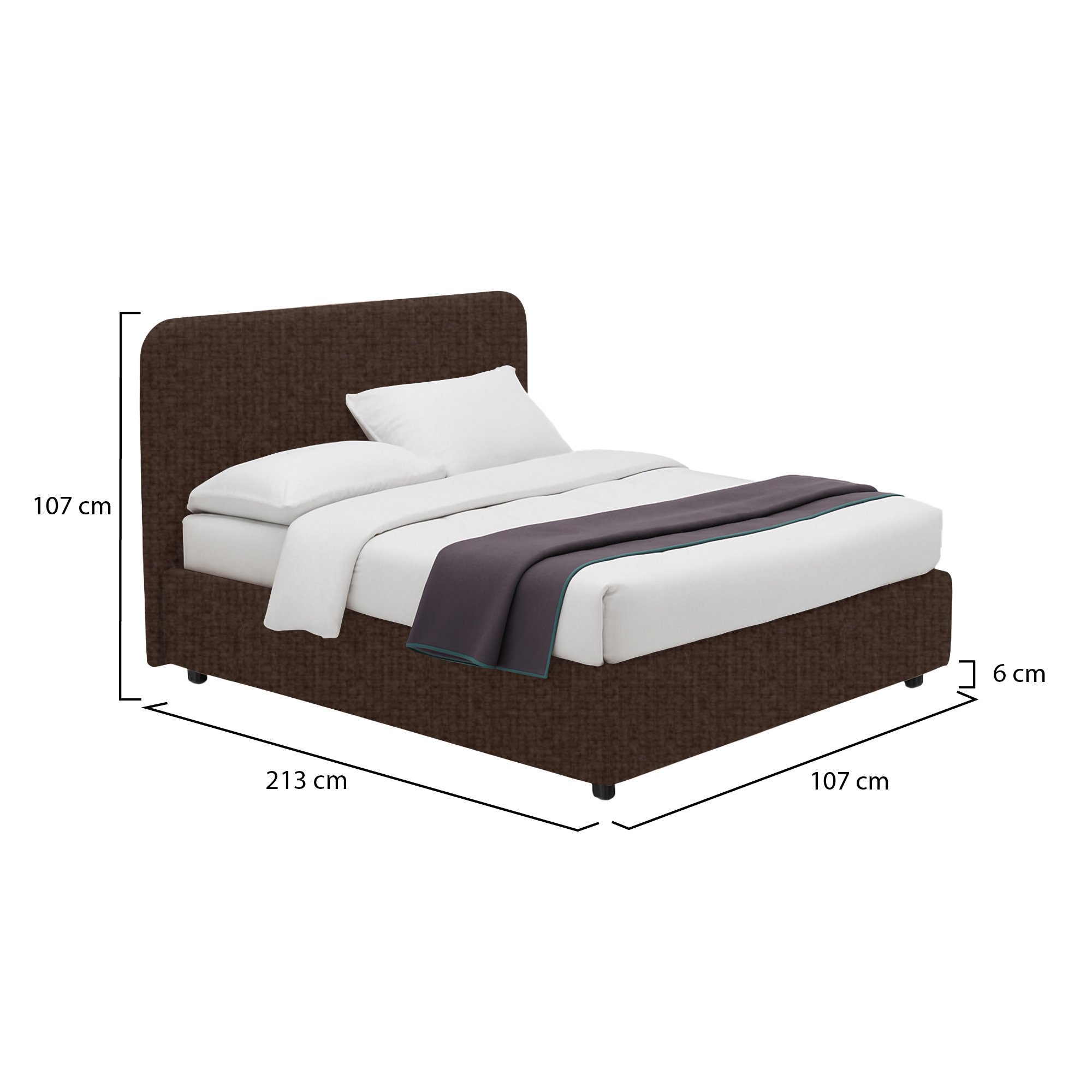 Letto singolo marrone con contenitore e misure di 213 cm x 107 cm