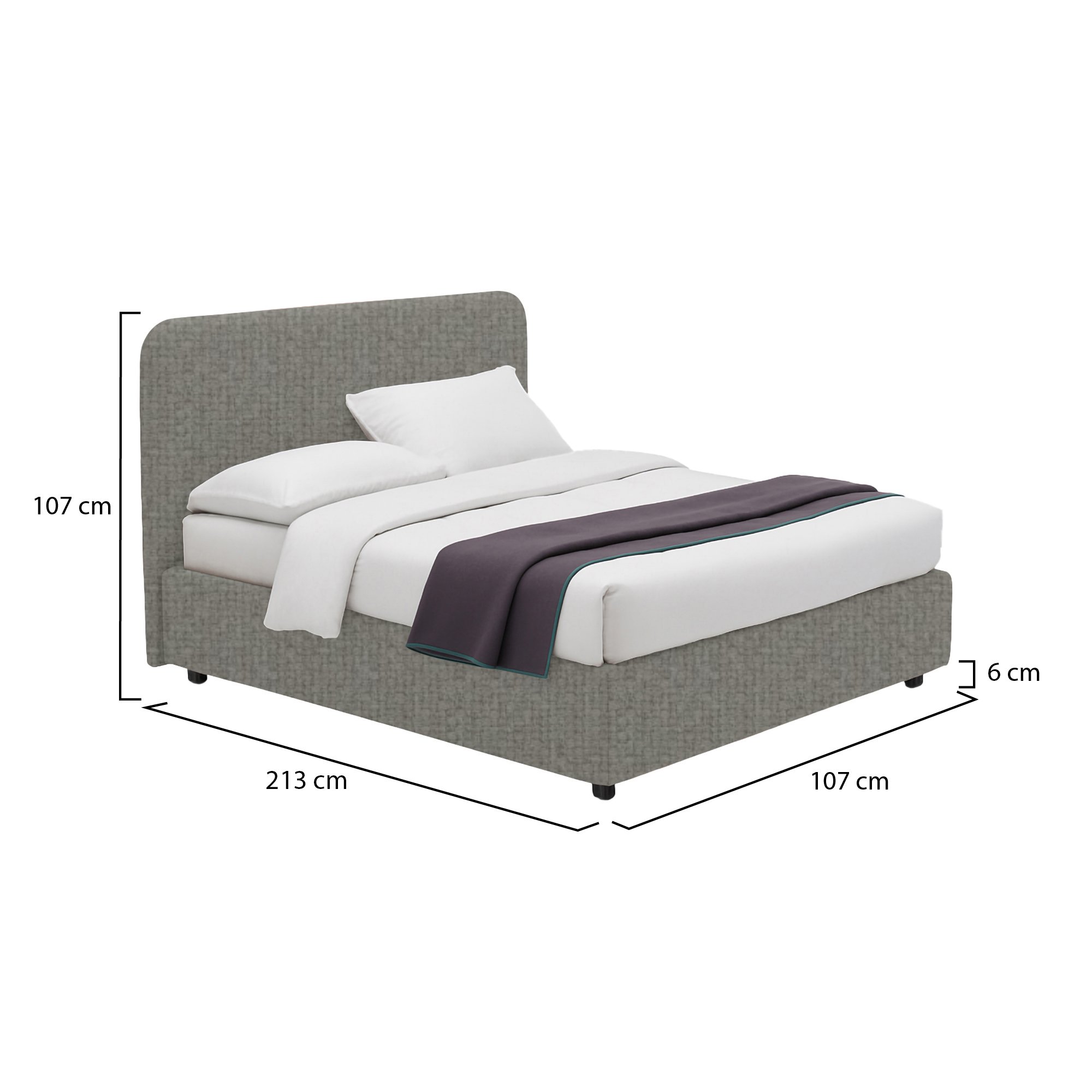 Letto singolo in tessuto grigio con contenitore