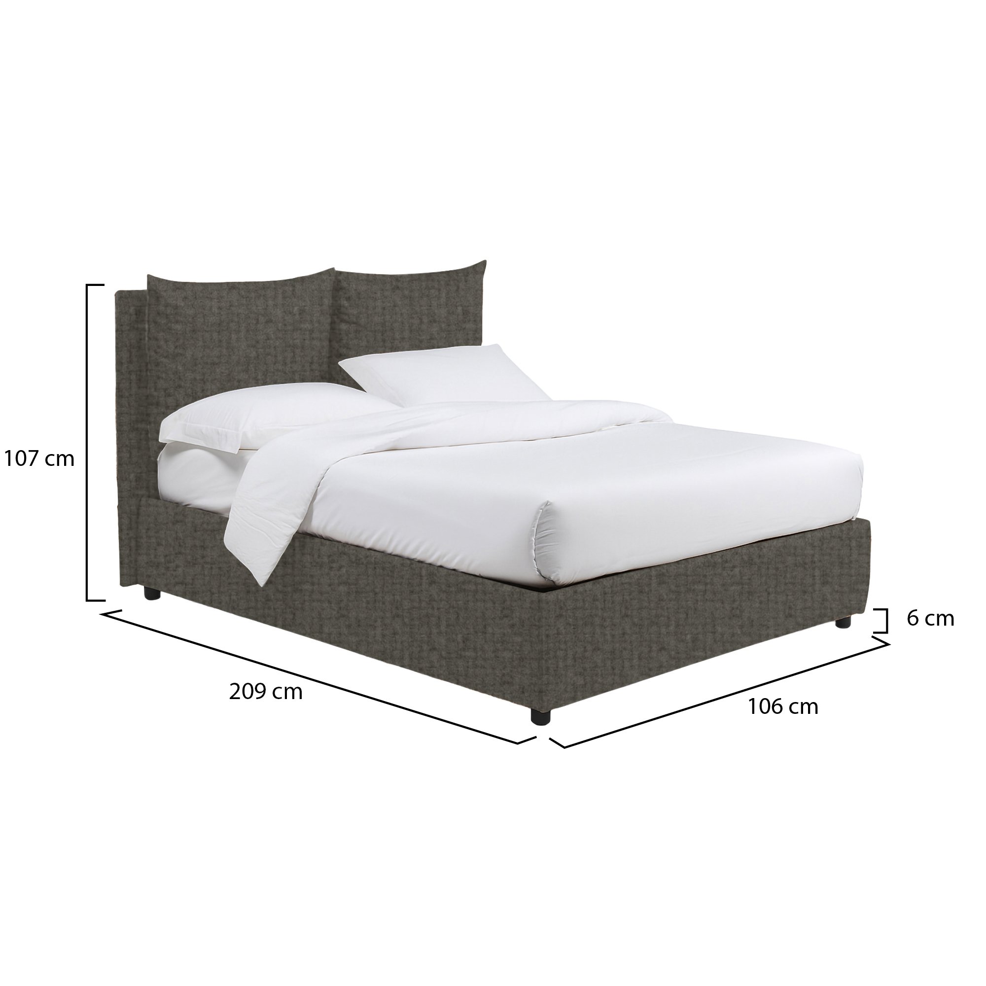 Letto singolo grigio tortora con contenitore, tessuto sfoderabile e struttura resistente