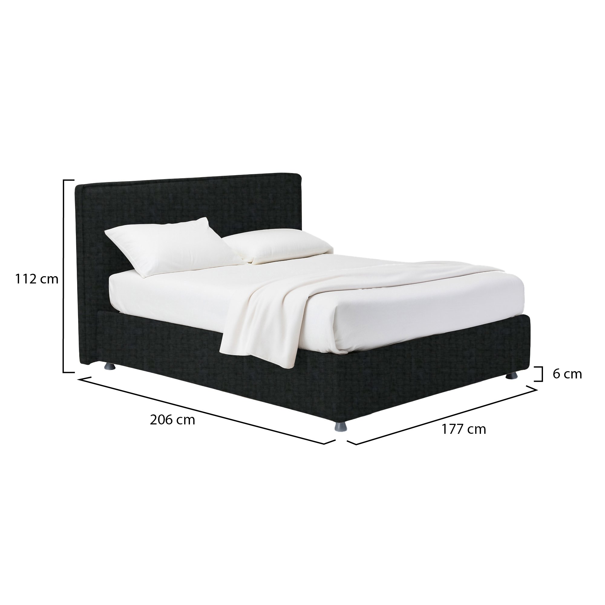Letto matrimoniale grigio scuro, misure dettagliate, struttura robusta