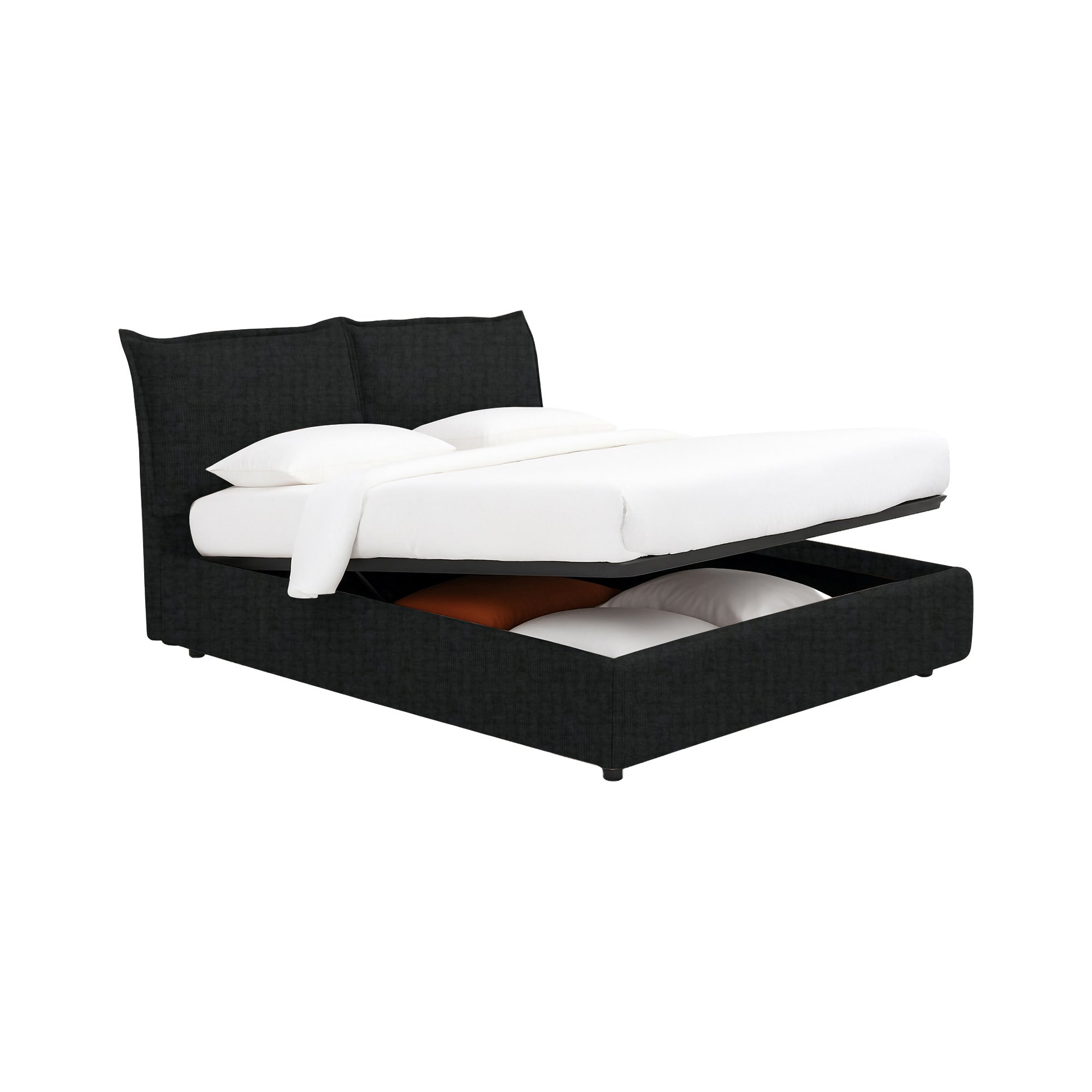 Letto singolo in tessuto grigio scuro con contenitore e struttura in metallo