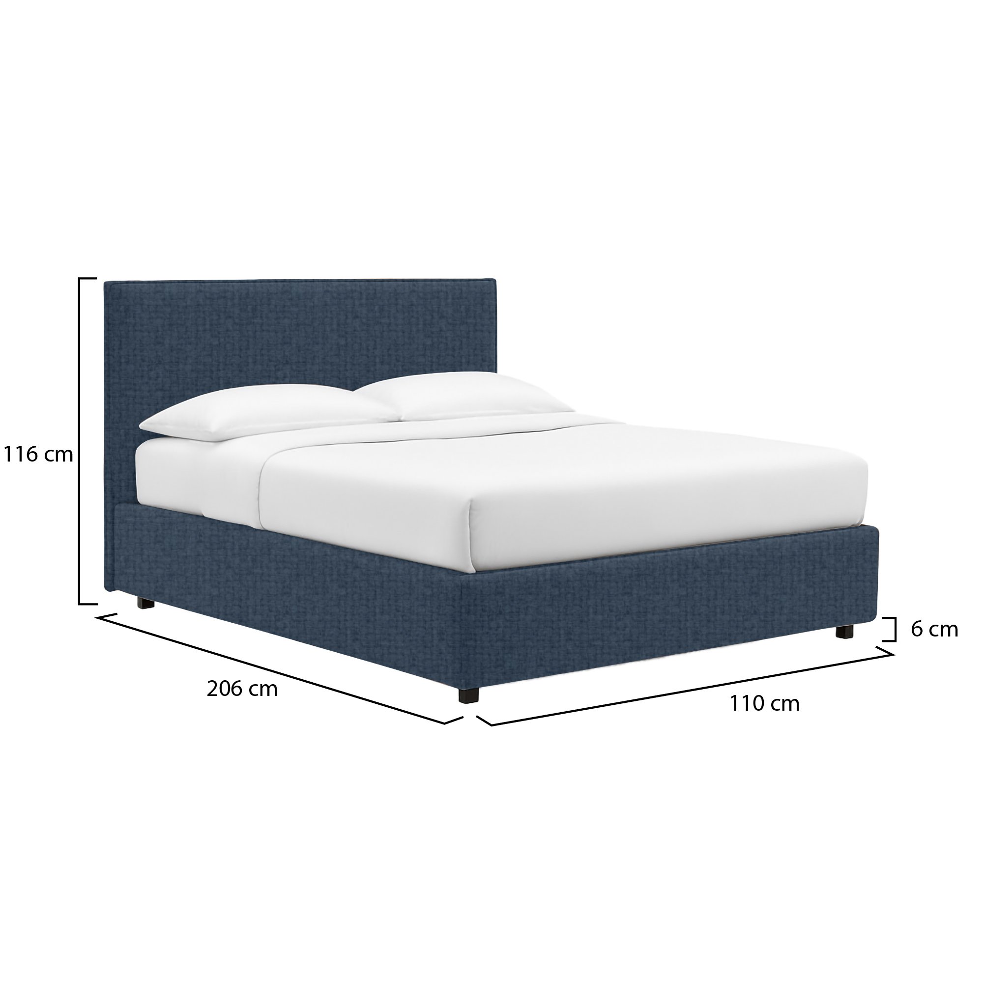 Letto singolo blu con contenitore e struttura in metallo e legno