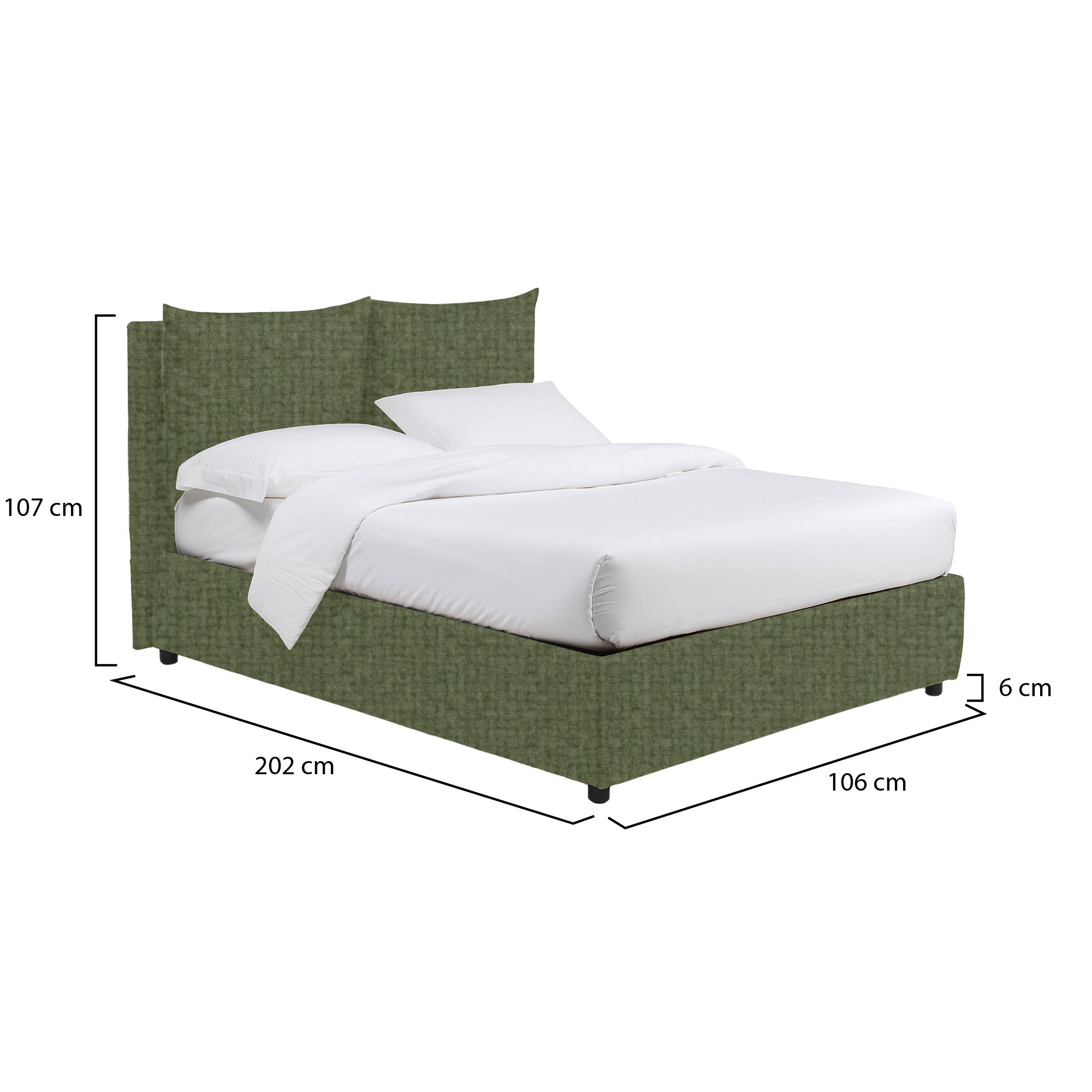 Letto singolo verde con contenitore aperto mostrando design