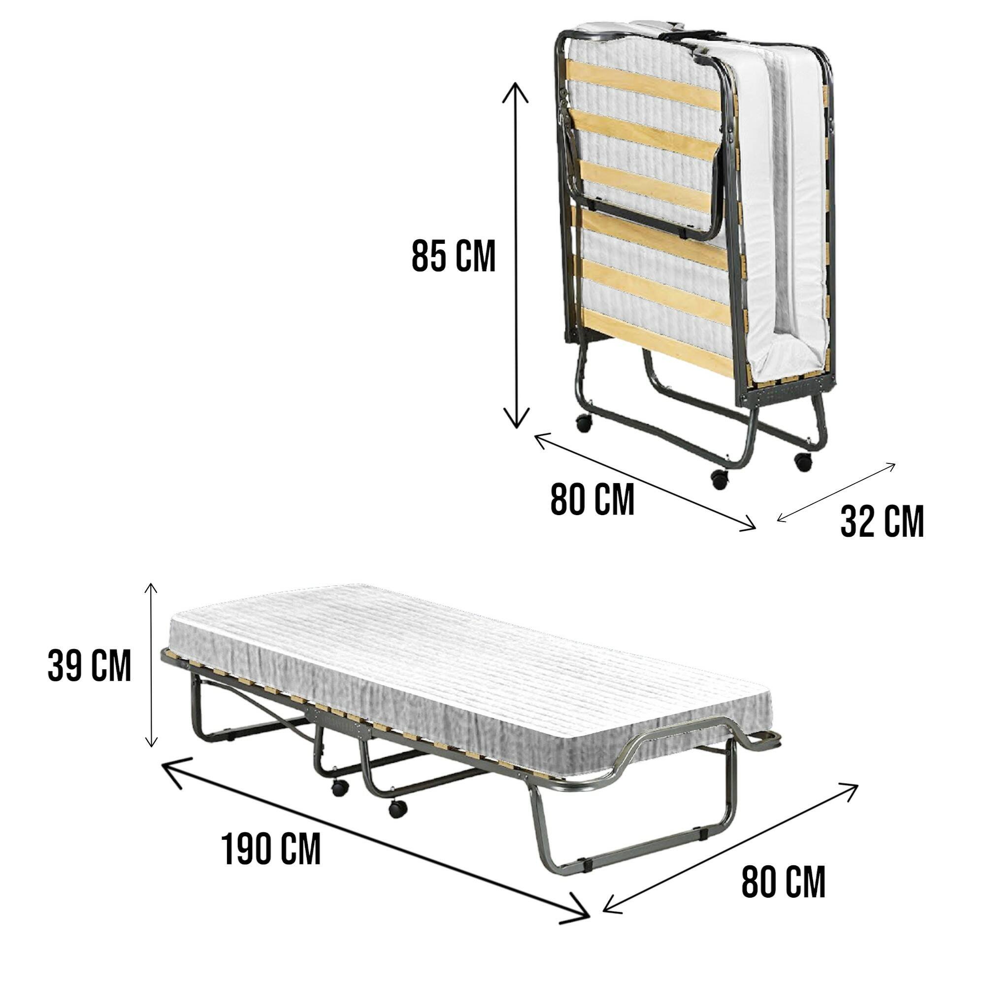 Letto pieghevole nero con dimensioni 190x39x80 cm e materasso bianco