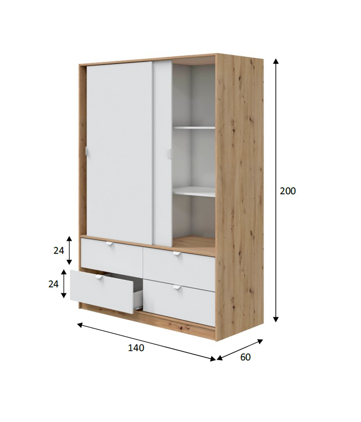Guardaroba 2 ante con misure dettagliate e design in marrone rovere nodi