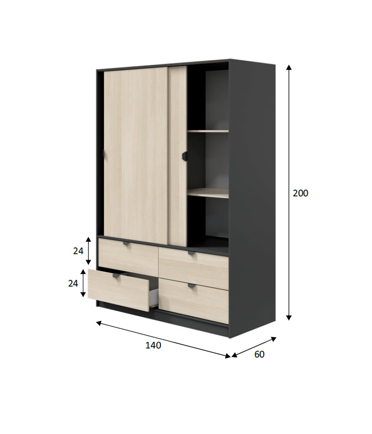 Guardaroba 2 ante con dimensioni e dettagli in grigio antracite