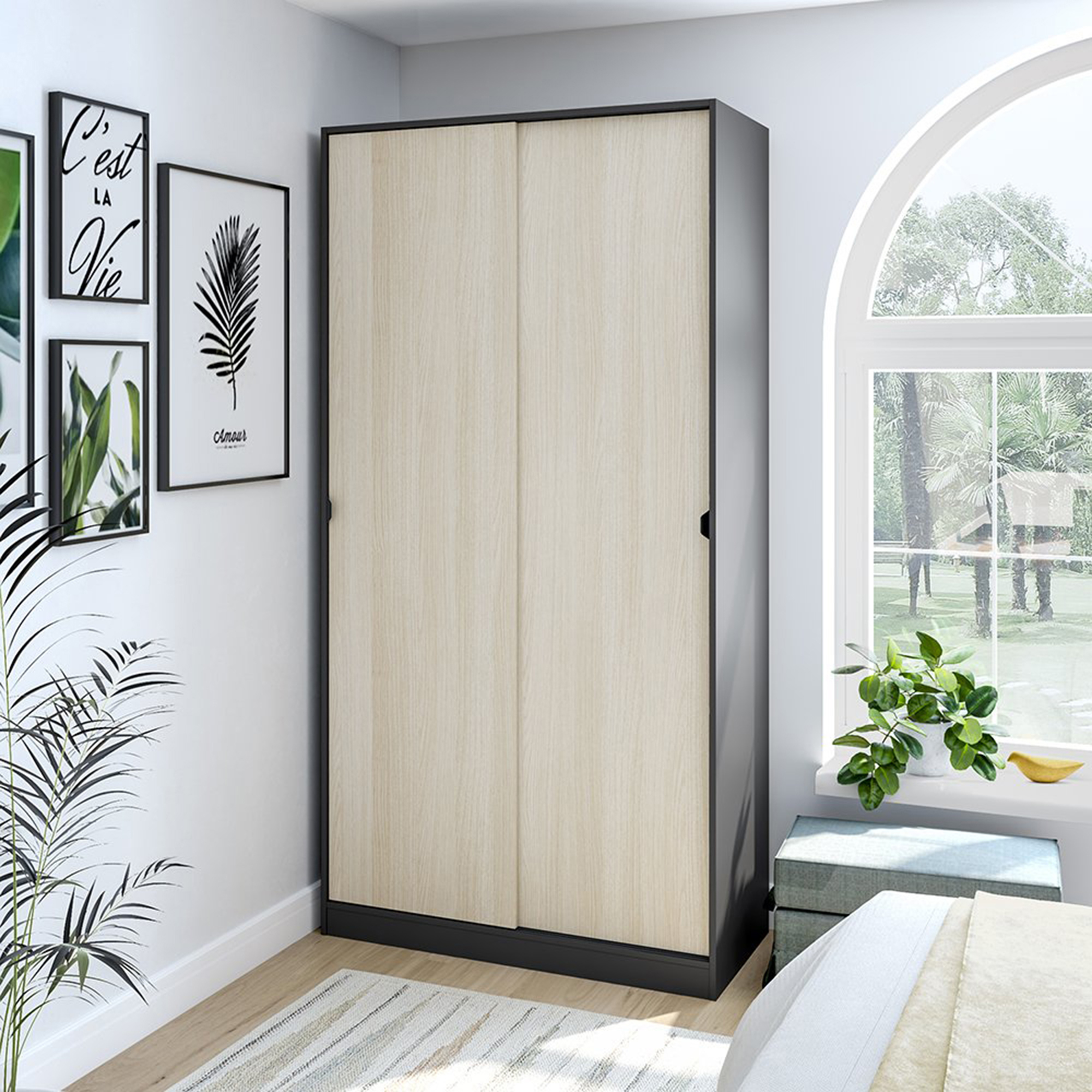 Guardaroba grigio antracite con ante scorrevoli, ambiente moderno