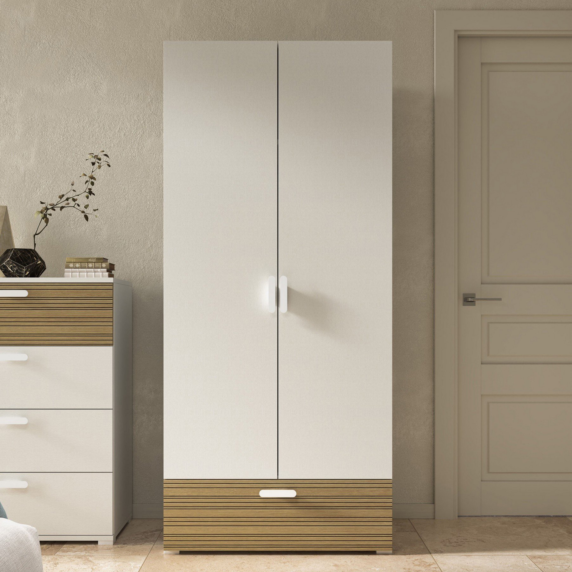 Guardaroba 2 ante bianco rovere rigato, camera da letto