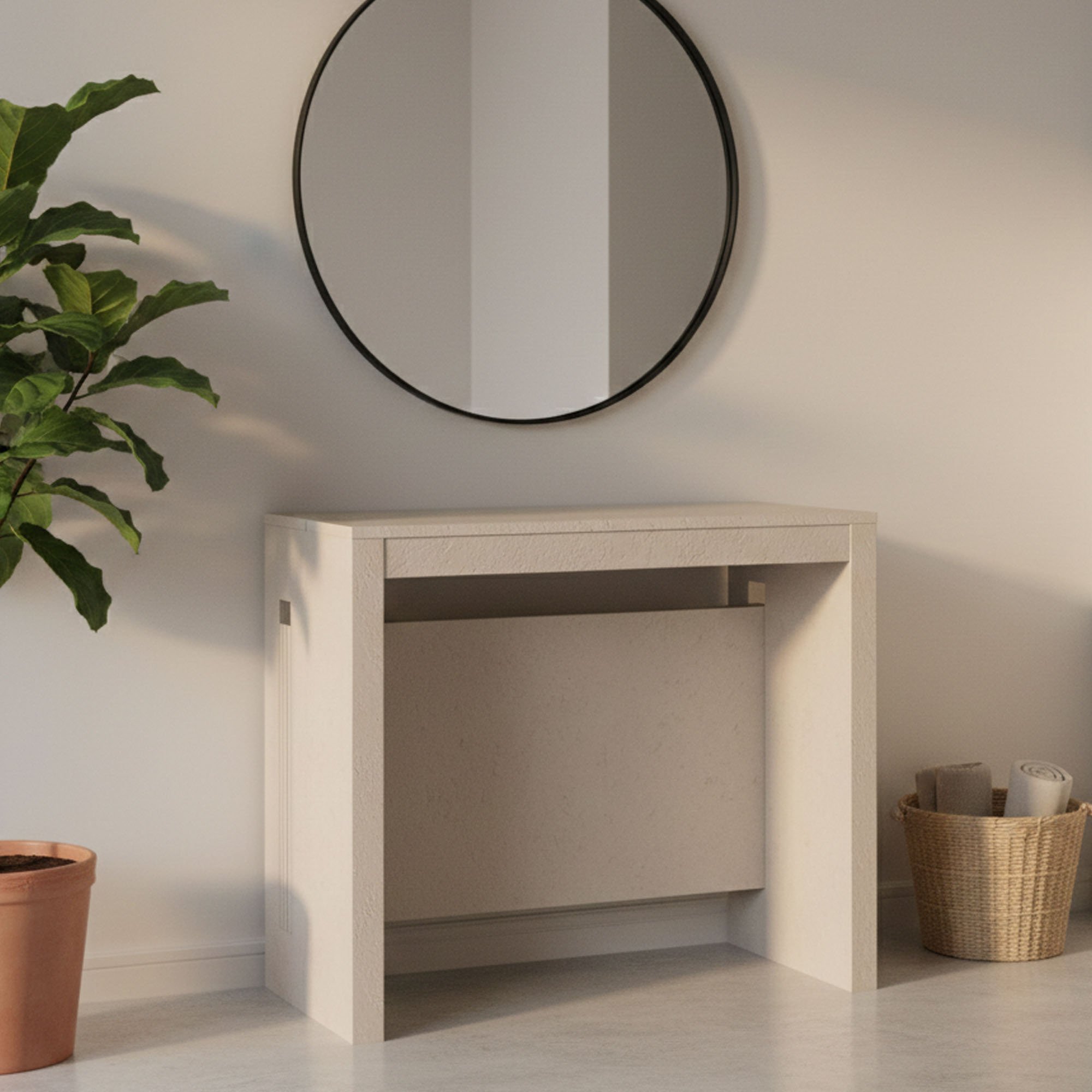 Consolle allungabile beige in legno nobilitato ambientata in soggiorno