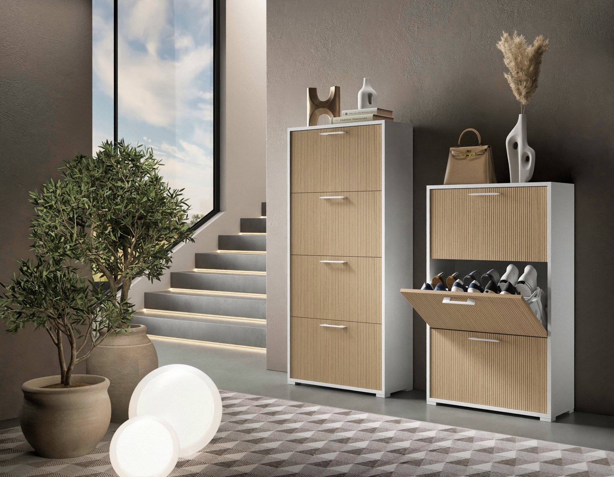 Scarpiera bianco cannettato, design moderno con 24 paia di scarpe